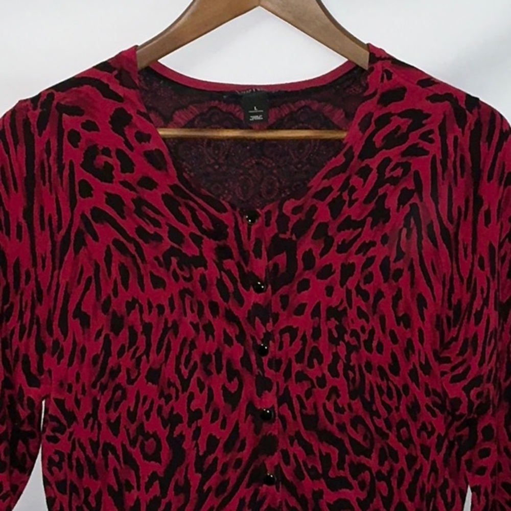 White House Black Market, Red Cardigan, Leopard Print, Size Large